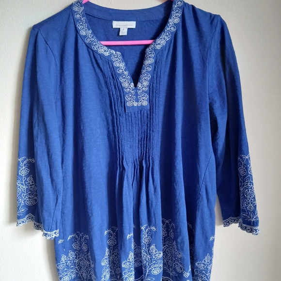 Charter Club Blue White Embroidered pleated top - Picture 2 of 11